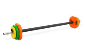 Body Pump sett 20 kg  med vektstang og oransje, grønne og gule vektskiver
